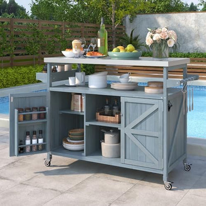 50.25" Outdoor Grill Cart with Stainless Steel Tabletop and Storage Cabinet, Rolling Bar Cart with Wheels, Solid Wood Outdoor Grill Table for BBQ Food Prep (Grey Blue)