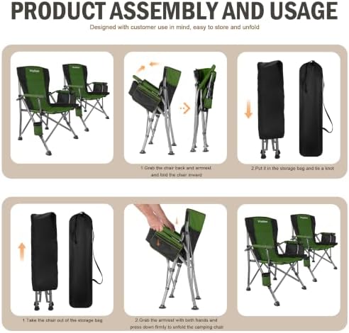 2 Pack Folding Camping Chair with Cup Holder and Storage Bag,Heavy Duty Supports 400 LBS,Portable Outdoor Chair for Camp,Lawns,Travel,Fishing,Green