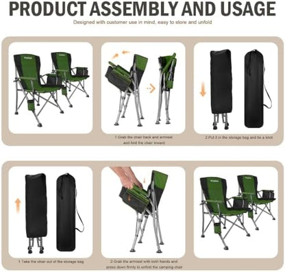 2 Pack Folding Camping Chair with Cup Holder and Storage Bag,Heavy Duty Supports 400 LBS,Portable Outdoor Chair for Camp,Lawns,Travel,Fishing,Green