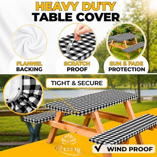 Premium Vinyl Fitted Picnic Table Cover with Bench Covers & Bag, Outdoor Waterproof & Windproof Durable Tablecloth with Elastic Edges, Camping Essentials, RV Gear, 72x30 Inches, Black Checkered - 6 FT