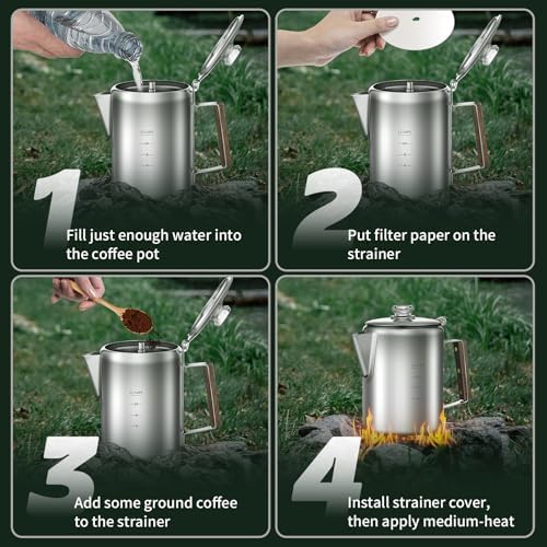 Coffee Percolator with 100pcs Coffee Filters - 12 Cups | Durable Stainless Steel Material Camping Coffee Pot| Brew Coffee On Fire, Grill or Stovetop | Ideal for Home, Camping
