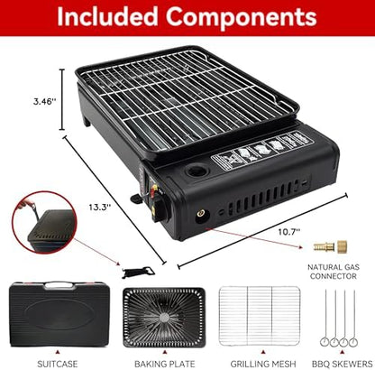 Portable Butane Stove Dual Fuel Gas BBQ Grill with Case & Stainless Grate