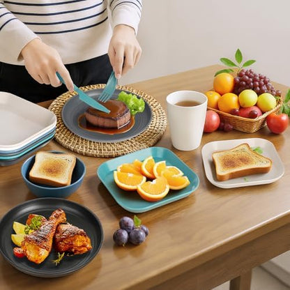 66 Pcs Wheat Straw Dinnerware Sets, Unbreakable Dinnerware Set, Reusable Wheat Straw Plates and Bowls Set for 6, Camping Mess Kit for Travel,Camping Essentials,Picnic,Home,Party