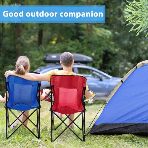 Shellwei 2 PCS Folding Camping Chair with Cupholder and Carry Bag Regular Size Colorful Breathable Portable Lightweight Lawn Chair with Side Pocket for Fishing Hiking Beach Outdoor Activity