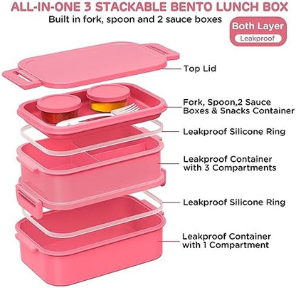 DaCool Adults Bento Box Lunch Box - Stackable All-in-One Leakproof Bento Lunch Box for Adults Women Girls 74 OZ Large Lunch Containers with Fork Spoon Sauce Boxes for Work School Dining Out, Pink