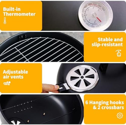 16 inch Vertical Charcoal Smoker, Mini BBQ Grill, Fire Pit, 3-in-1 with Built-in Thermometer, Adjustable Air Vent, Idea for Parties, Backyard, Patio, Camping