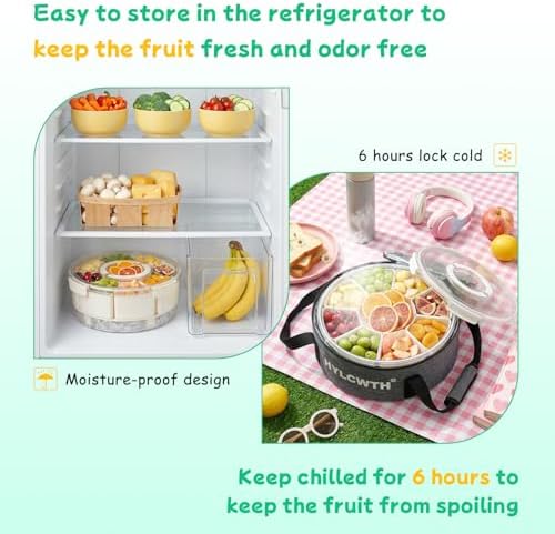 Divided Serving Tray with Lid and Handle, Rounded Snackle Box with 9 Compartments and Chill Base for Fruits, Candy, Veggie, Travel Snack Container with Portable Insulated Bag & Ice Cube Tray & 5 Forks
