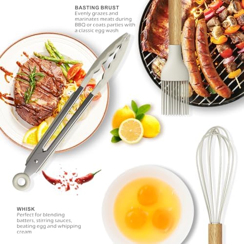 oannao Silicone Cooking Utensils Set - 446°F Heat Resistant Silicone Kitchen Utensils for Cooking,Kitchen Utensil Spatula Set w Wooden Handles, BPA FREE Gadgets for Non-Stick Cookware (Khaki)