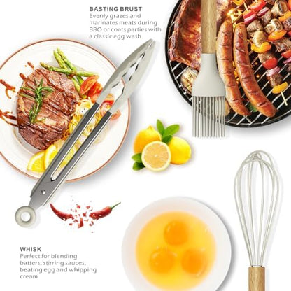 oannao Silicone Cooking Utensils Set - 446°F Heat Resistant Silicone Kitchen Utensils for Cooking,Kitchen Utensil Spatula Set w Wooden Handles, BPA FREE Gadgets for Non-Stick Cookware (Khaki)