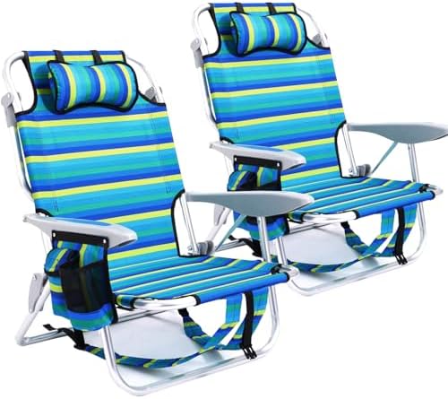 2 Pack Lightweight Portable Camping Beach Chair for Adults, Outdoor Lay Flat Folding Beach Chairs with 5 Positions, Backpack Beach Chair with Towel Bar, Zipper Pouch, Cup Holder, Ocean Striped