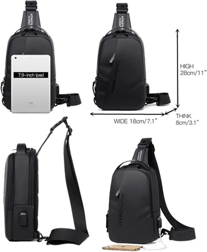 Waterproof Sling Bags Mens Shoulder Crossbody Backpack with USB Charging Port& Headphone,Outdoor Lightweight Bag