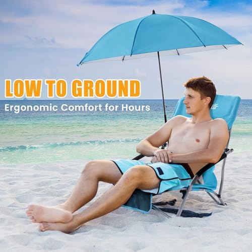 Lamberia Folding Beach Chair with Umbrella for Adults, Portable Low Beach Chairs with 300lbs Capacity, Lightweight Fodable Camping Chair for Travel, Picnic, Concert & Outdoor Activities, Blue