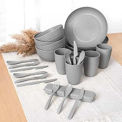 FOODLE Wheat Straw Dinnerware Set - RV, Camping, Picnic Plates Cups & Bowls