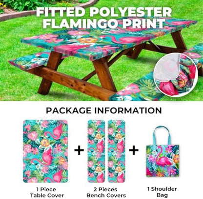 6ft Polyester Picnic Table Cover with Bench Covers Tablecloth Flamingo