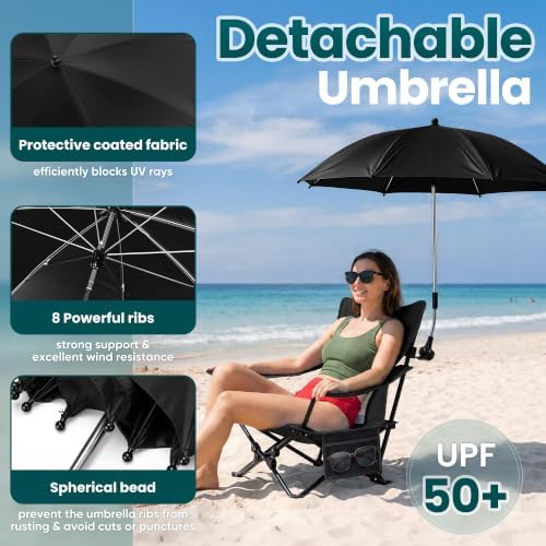 HaSteeL Low Beach Chairs, 2Pcs Camping Chairs with Umbrellas - Black