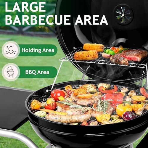 50.8" Portable Round Kettle Charcoal Grill,Metal Outdoor Barbecue Smoker,Heavy Duty Outdoor BBQ Grill,Vertical Camping Barbecue Grill,with Side Tables,for Garden Patio Beach Backyard (Black)