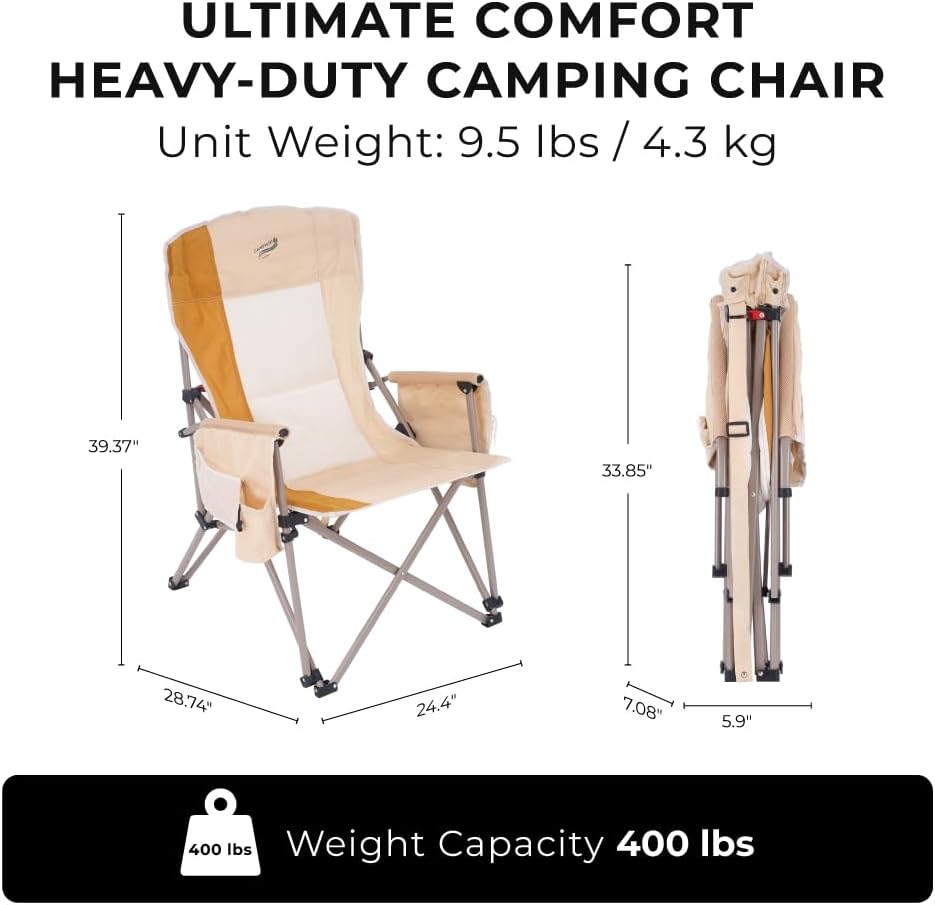 Heavy Duty Portable Folding Camping Chair for Adults with Padded | for Outdoor & Sports, Backpacking, Beach, Lawn, Hunting, Tailgating, Fishing | Supports 400 Lbs (Single, Beige)