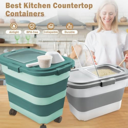 Komzon Rice Storage Container10-40 Lb, 25 Lb Pet Dog Food Storage Container, Collapsible Airtight Rice Storage Container, Rice Dispenser Bin with Cup and Scoop for Flour Cereal Pasta Grain, Cat Bird