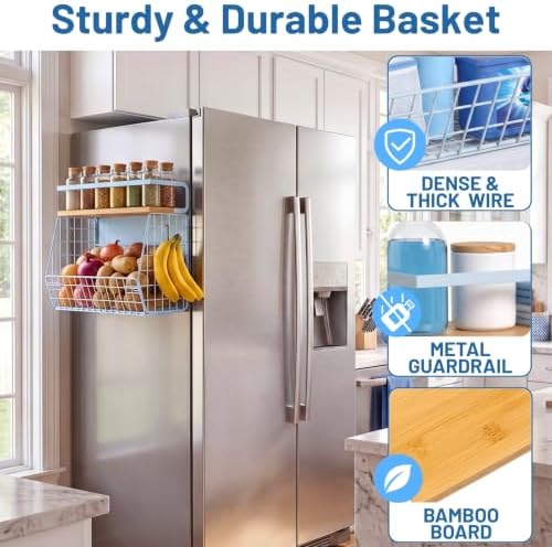 Magnetic Shelf for Fridge with Wood Lid, Fruit Potato and Onion Storage Bins, Pantry Organizers & Storage, Large Container Magnetic Spice Rack for Refrigerator, Kitchen Counter, Cabinet (Blue, 1)