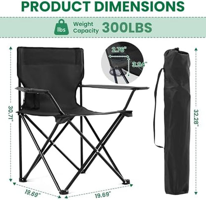 2-Pack Foldable Camping Chairs with Cup Holder, 300LB Lawn Portable Folding Chairs for Adults, Lightweight Outdoor Beach Chairs with Carry Bag for Camp, Fishing, Sports (Black)
