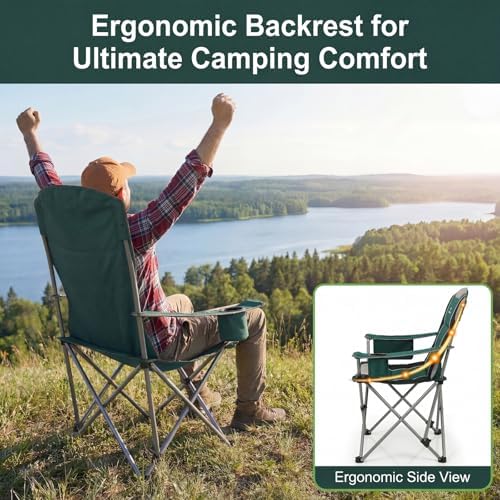 2 Pack Camping Chairs for Adults - Oversized Folding Lawn Chair with Angled Backrest,Heavy Duty 400lbs,Padded Camp Chairs with Cup Holder Side Pocket Cooler Bag for Outdoor,Sports,Beach,Fishing,Green