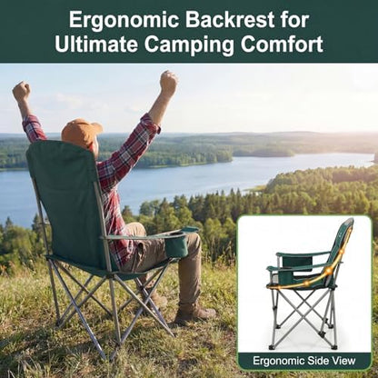 2 Pack Camping Chairs for Adults - Oversized Folding Lawn Chair with Angled Backrest,Heavy Duty 400lbs,Padded Camp Chairs with Cup Holder Side Pocket Cooler Bag for Outdoor,Sports,Beach,Fishing,Green
