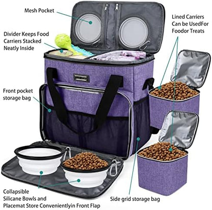 BAGLHER Dog Travel Bag, Pet Travel Bag (ALL Pet Travel Supplies), With 2 Pet Food Containers and 2 Collapsible Silicone Bowls; Essential Kits for Pet Travel Purple