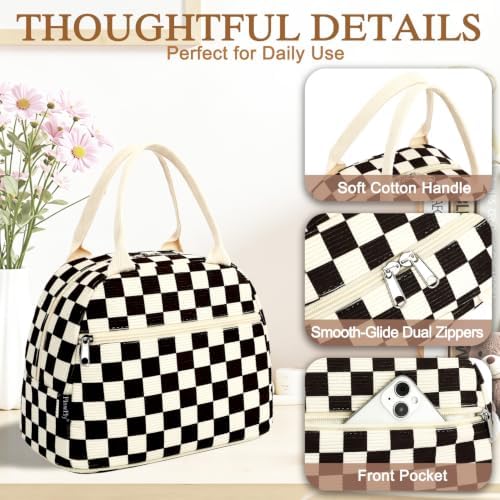 FlowFly Lunch Bag for Women Insulated Lunch Box Corduroy Lunch Tote Cooler for Travel Work Picnic,Corduroy Plaid Black