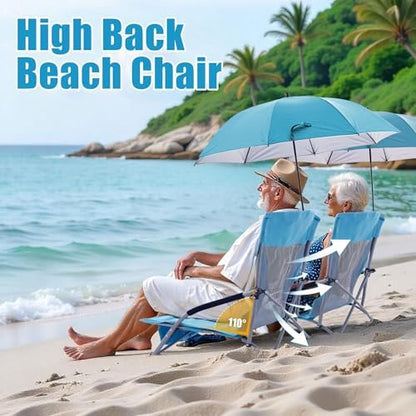 Lamberia Folding Beach Chair with Umbrella for Adults, Portable Low Beach Chairs with 300lbs Capacity, Lightweight Fodable Camping Chair for Travel, Picnic, Concert & Outdoor Activities, Blue