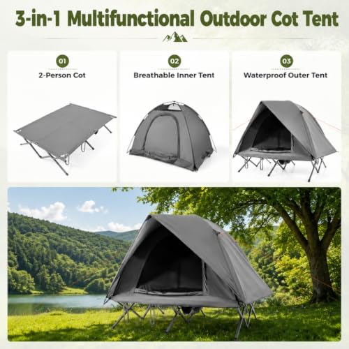 LDAILY 2 Person Tent Cot, Camping Cot Tent Combo with Portable Roller Carry Bag and Waterproof Rainfly, Elevated Tent Camping Bed Combo for Outdoor Camping and Hiking Enthusiasts