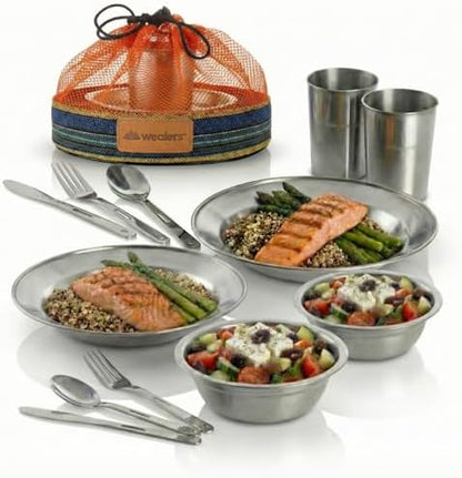 Unique Complete Messware Kit Polished Stainless Steel Dishes Set| Tableware| Dinnerware| Camping| Includes - Cups | Plates| Bowls| Cutlery| Comes in Mesh Bags