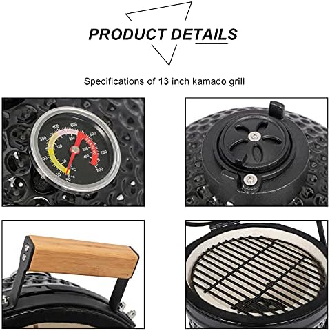 13" Portable Round Ceramic Charcoal Grill,Outdoor Barbecue Smoker,Heavy Duty Outdoor BBQ Grill,Vertical Camping Barbecue Grill,with Built-in Thermometer,for Garden Patio Beach Backyard (Black)