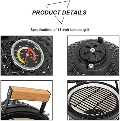 13" Portable Round Ceramic Charcoal Grill,Outdoor Barbecue Smoker,Heavy Duty Outdoor BBQ Grill,Vertical Camping Barbecue Grill,with Built-in Thermometer,for Garden Patio Beach Backyard (Black)