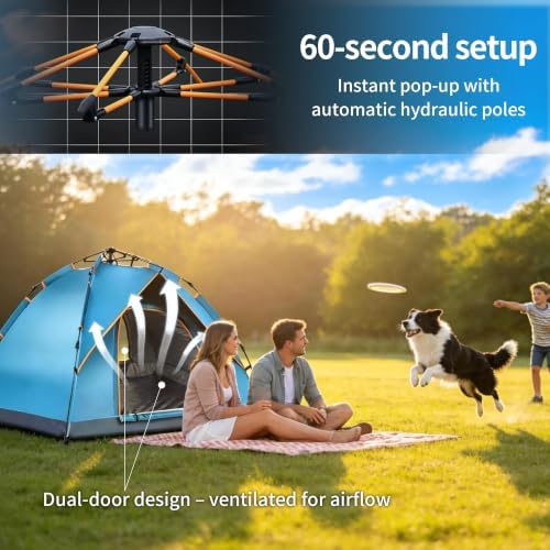 Quick Set Up Waterproof 4-Person Camping Tent with Bug Netting - Instant Pop-Up Tent for Family Camping & Hiking | All-Weather 4-Season Outdoor Shelter