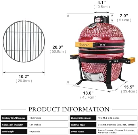 London Sunshine Ceramic BBQ Charcoal Kamado Grill 13 inch Portable Tabletop BBQ Grill with Stainless Steel Grates, pearlescent red