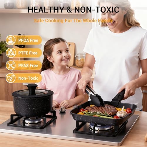 Ammeloo 21Pcs Pots and Pans Set Non Stick with Detachable Handle, Grill Pan