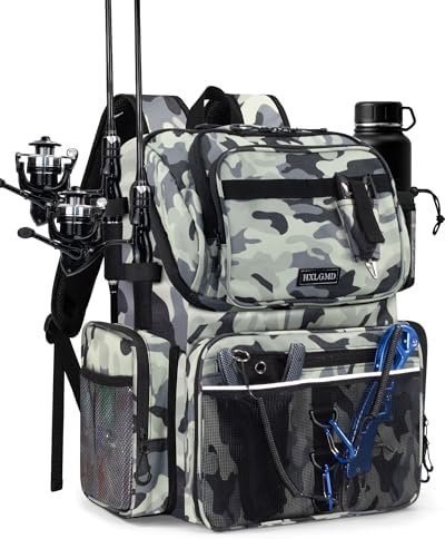 HXLGMD Fishing Backpack with Rod Holders, 43L Large Water Resistant Tackle Bag Storage Gear and Equipment with Cooler for Men Fishing, Camping, Hiking, Grey