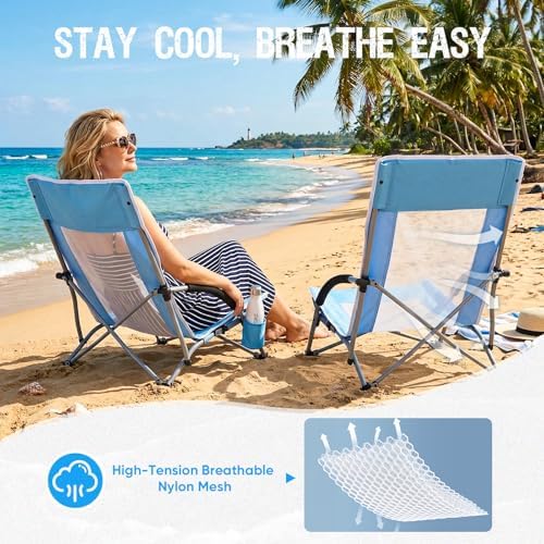 Old Bahama Bay 2 Pack Low Beach Chair - Heavy Duty 350lbs Capacity, Lightweight Folding Sand Chair with Breathable Mesh, Cup Holder & Carry Bag - Portable Low Profile Chair for Beach, Camping