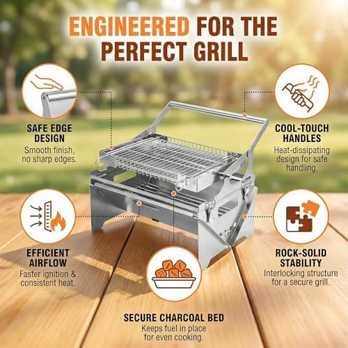 Portable 360° Rotating Charcoal Grill with Flipping Basket, Stainless Steel Flip BBQ Grill for Camping & Outdoor, Easy to Clean Detachable Design, New Upgrade