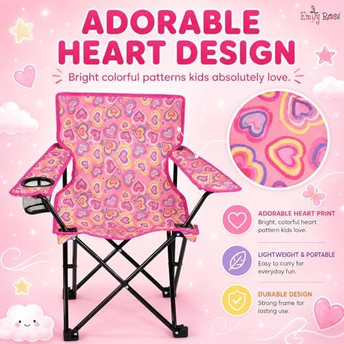 Emily Rose Sea Playful Hearts Kids Folding Camp Chair – Ages 2-7 with Safety Lock