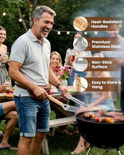 4PCS Grilling Accessories BBQ Tools - Stainless Steel Grill Set with Tongs, Fork, Spatula, Brush, Carrying Bag, Birthday for Men, Father, Husband
