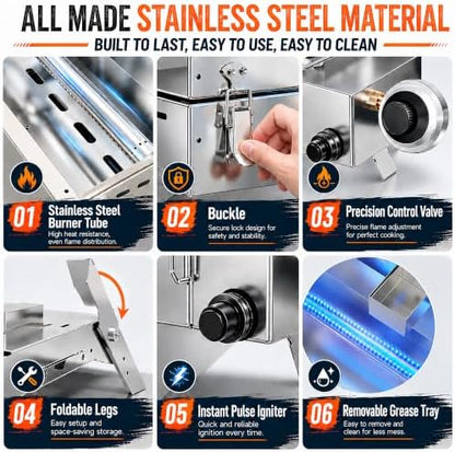 Tabletop Gas Griddle with Foldable Tripod, Stainless Steel Grill
