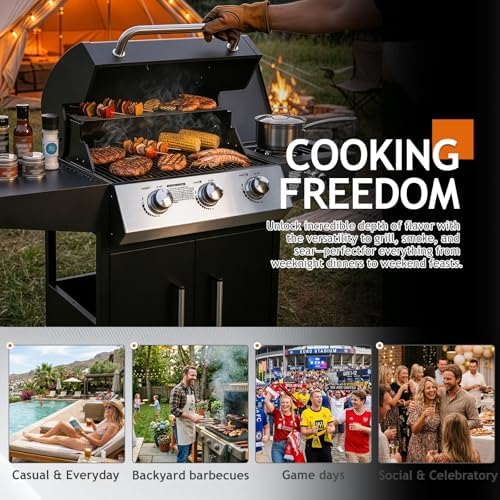 ROVSUN 3-Burner Propane Gas BBQ Grill with Side Burner & Enameled Cast Iron Grates, 46,000 BTU Barbecue Grill with Wheels for Outdoor Patio Backyard Cooking Grilling, Black