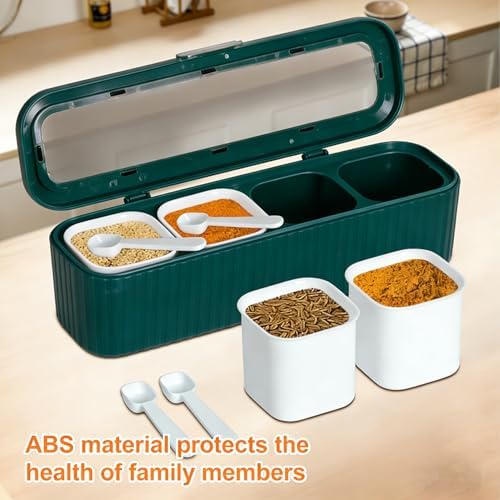 Clear Seasoning Box, 4 Packs Seasoning Rack Spice Pots,Condiment Jars Seasoning Box with Clear Covers and Spoons for Spice, Sugar, Salt, Pepper, Garlic Powder (Green)