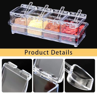 4 Cell Clear Seasoning Box with Spoons, Salt and Pepper Caddy with Tray