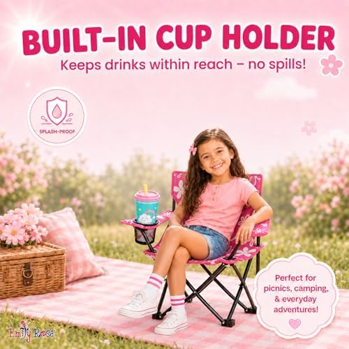 Emily Rose Kids Pink Folding Beach Camp Chair with Cup Holder Safety Lock & Carry Case - Toddler Girls Chair Ages 2-7 Indoor Outdoor Lightweight Portable - Floral Design 125lb Capacity