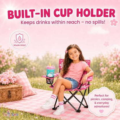 Emily Rose Kids Pink Folding Beach Camp Chair with Cup Holder Safety Lock & Carry Case - Toddler Girls Chair Ages 2-7 Indoor Outdoor Lightweight Portable - Floral Design 125lb Capacity