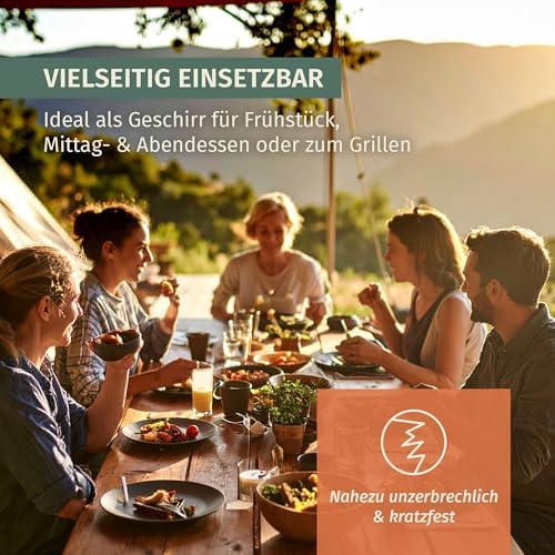 Moritz Camping Tableware Made of Melamine for 4 People, 12 Pieces, Dishwasher Safe, Picnic Crockery Set, Crockery Camping Tableware, Stone Blue Design