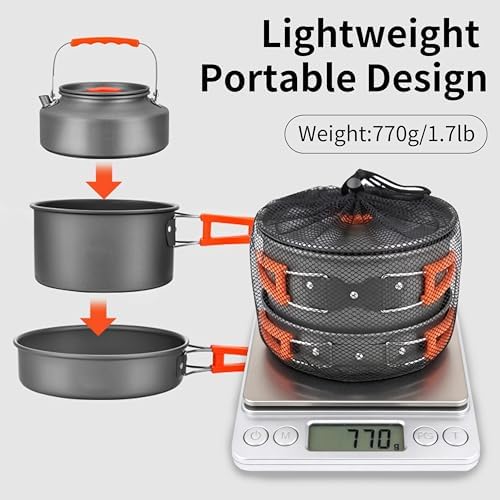 Collapsible Camping Cookware Set, Portable 4-in-1 Outdoor Camping pots and Pans Set with Nonstick Frypan, Pot, Kettle & Carry Bag, Hard-Anodized Aluminum for Camping, Hiking (2-6 Person)