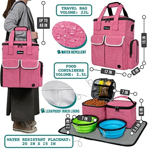 PetAmi Dog Travel Bag Pet Supplies Accessories Organizer for Traveling, Camping, Weekend; Cat Pet Travel Bag Kit Includes 2 Food Storage Containers, 2 Collapsible Bowls, 1 Feeding Mat (Pink)